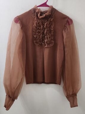Zara Sheer Brown Ruffle-Front Women's Top, Size Small.